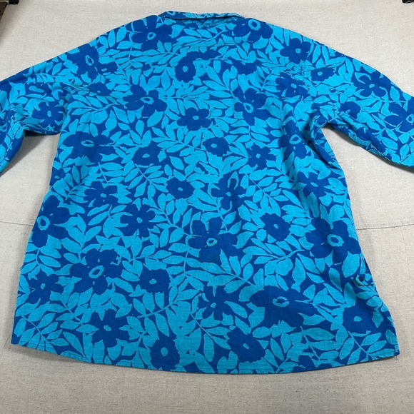 Jaclyn Smith Plus Blue Floral Coastal Beachy Button Down Shirt linen vacation - Picture 2 of 7